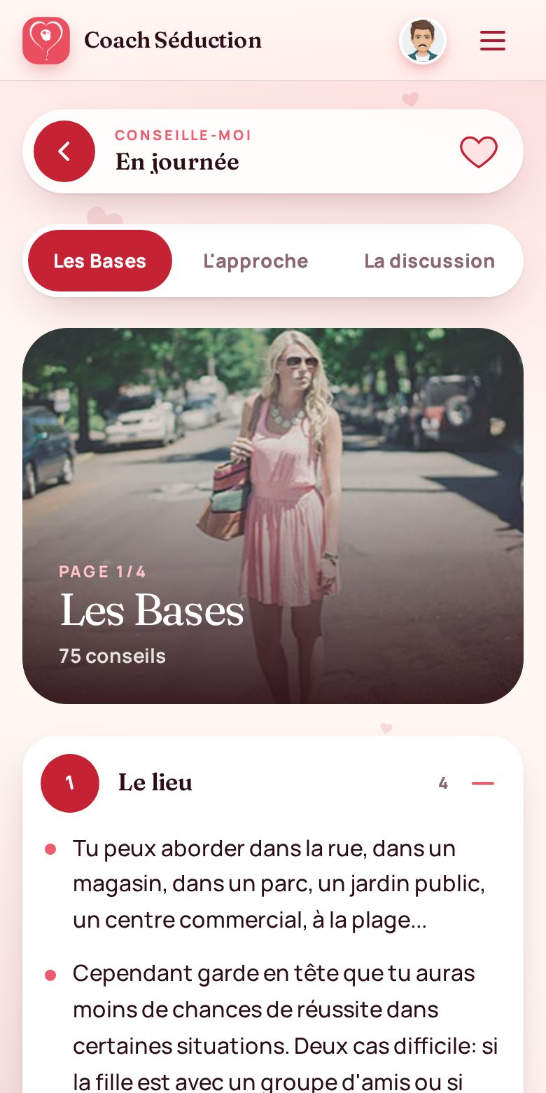 Module Conseille-moi : la page « Les Bases » du thème En journée et ses 75 conseils