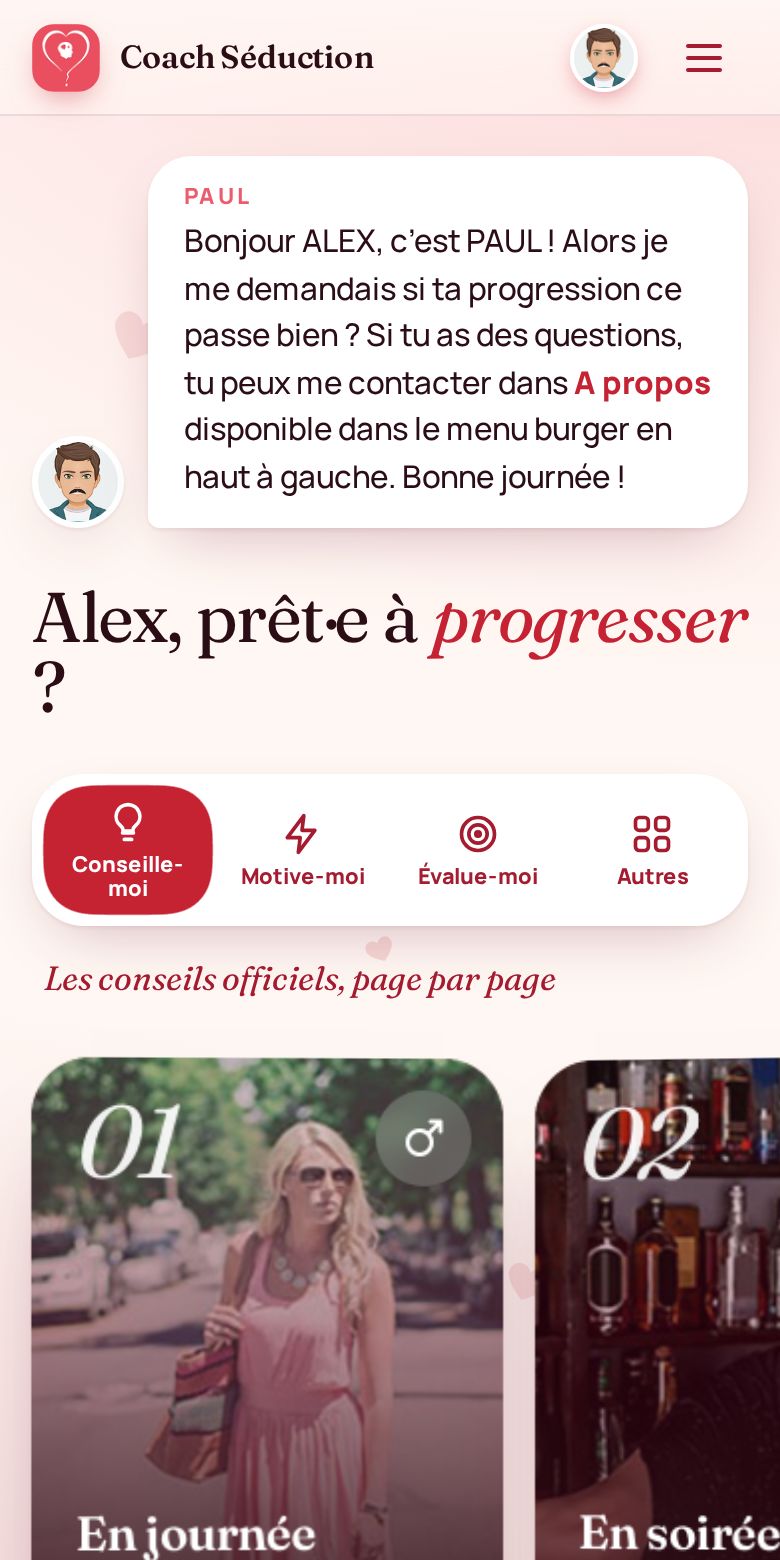 Accueil de l'appli Coach Séduction : le coach Paul accueille l'utilisateur et propose les modules Conseille-moi, Motive-moi et Évalue-moi