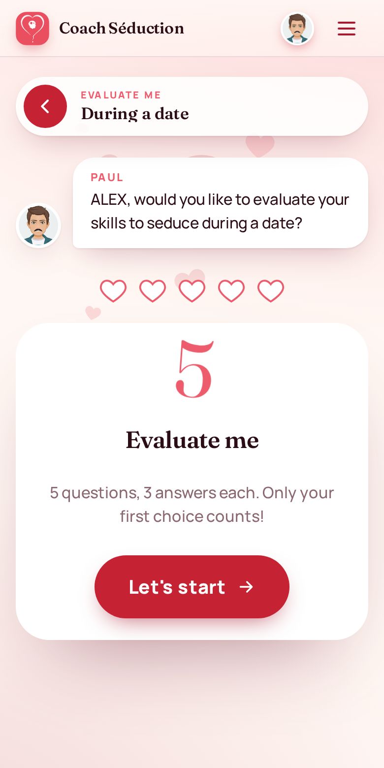Evaluate me module: a 5-question quiz about seduction on a date