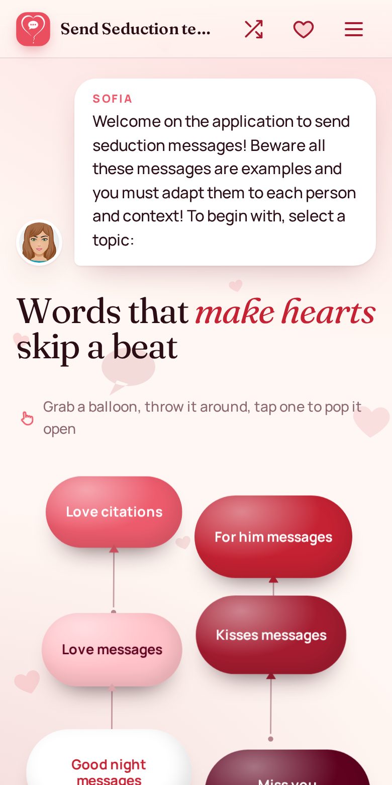 SMS Séduction home screen: Sofia welcomes the user and the message topics float like balloons