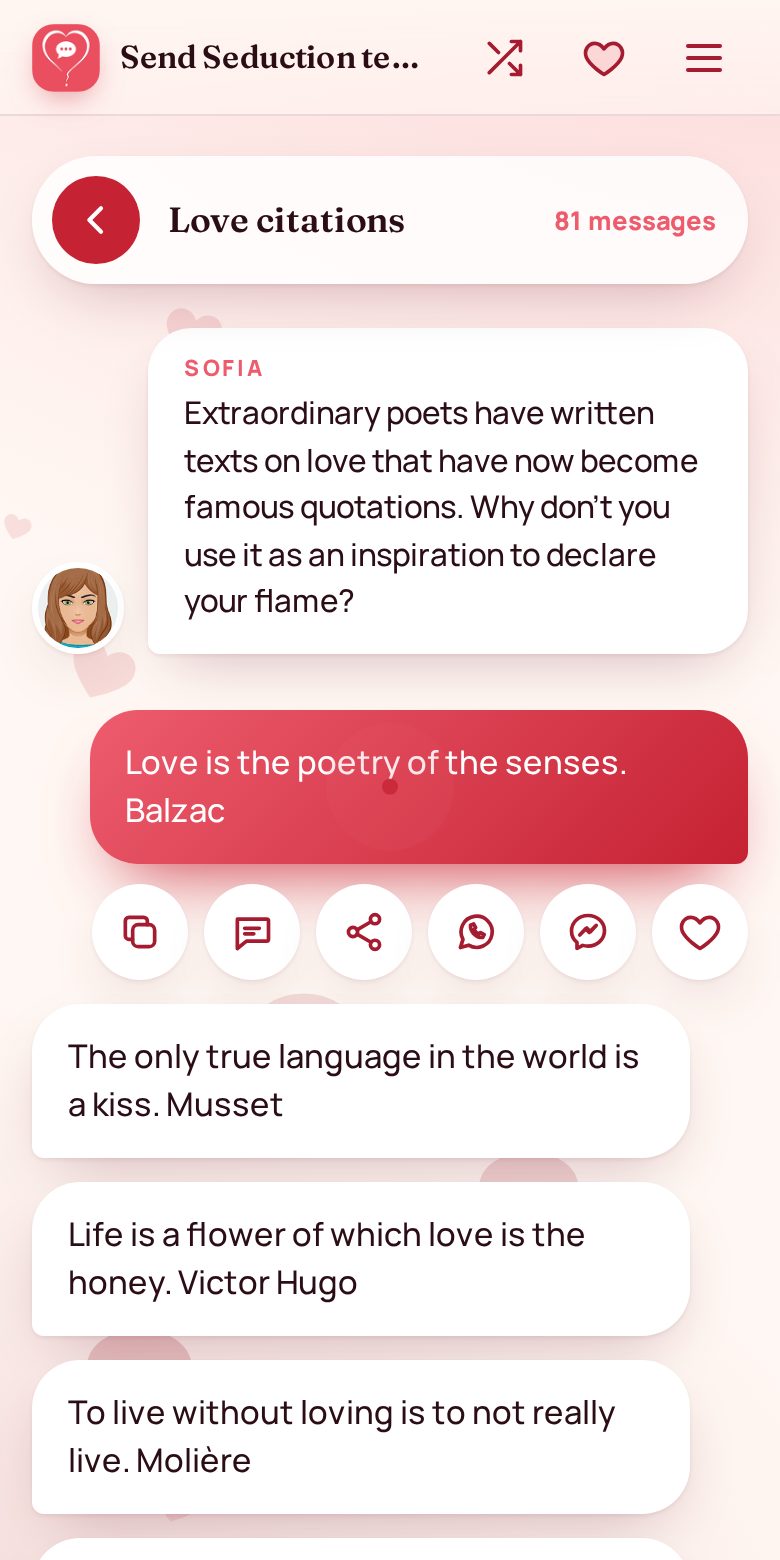 A selected message and its send buttons: copy, SMS, share, WhatsApp, Messenger and favourite