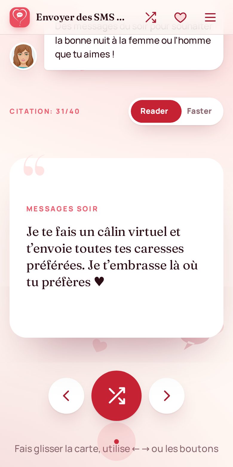 Le mode Bonus : une carte de message tirée au hasard, à faire glisser pour passer à la suivante