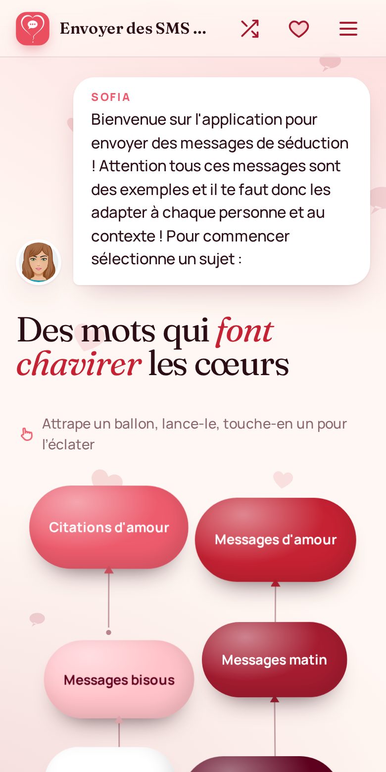 Les sujets de messages sous forme de ballons à attraper : citations d'amour, messages d'amour, bisous, matin