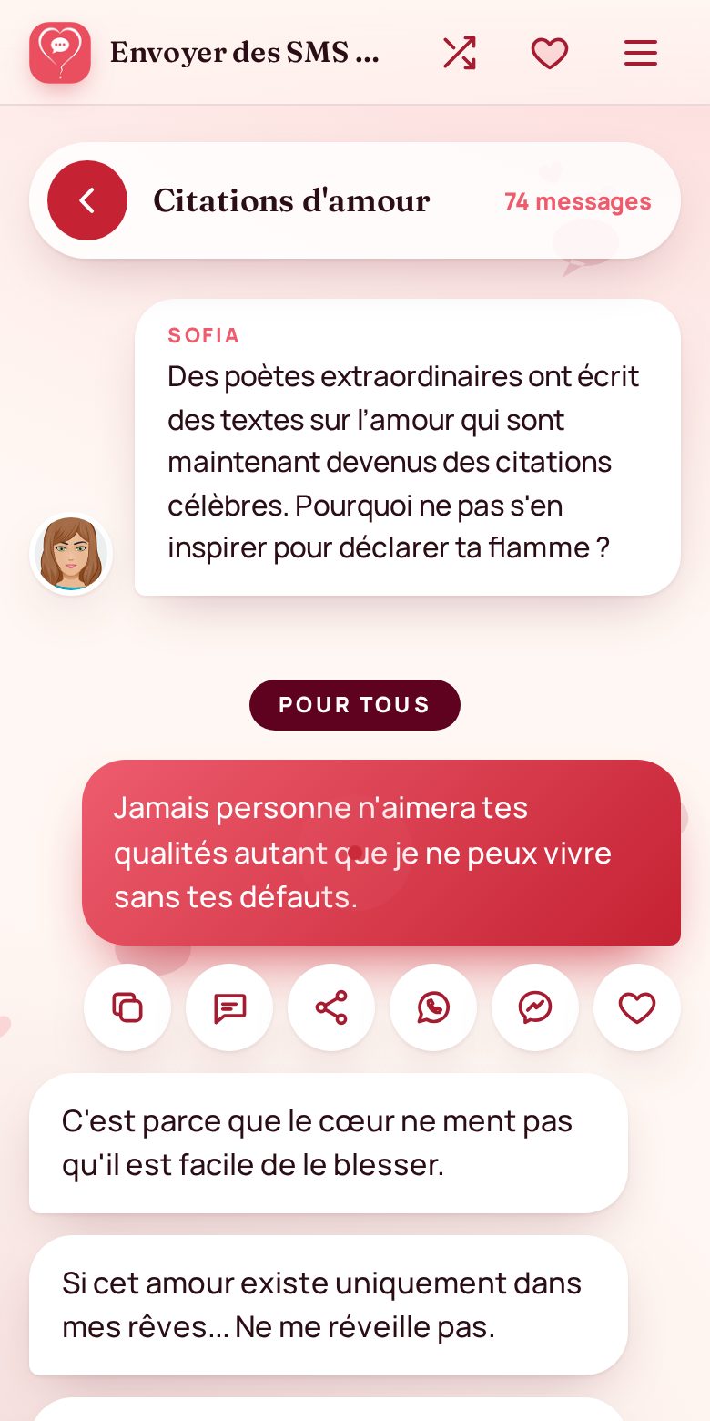 Un message sélectionné et ses boutons d'envoi : copier, SMS, partager, WhatsApp, Messenger et favori